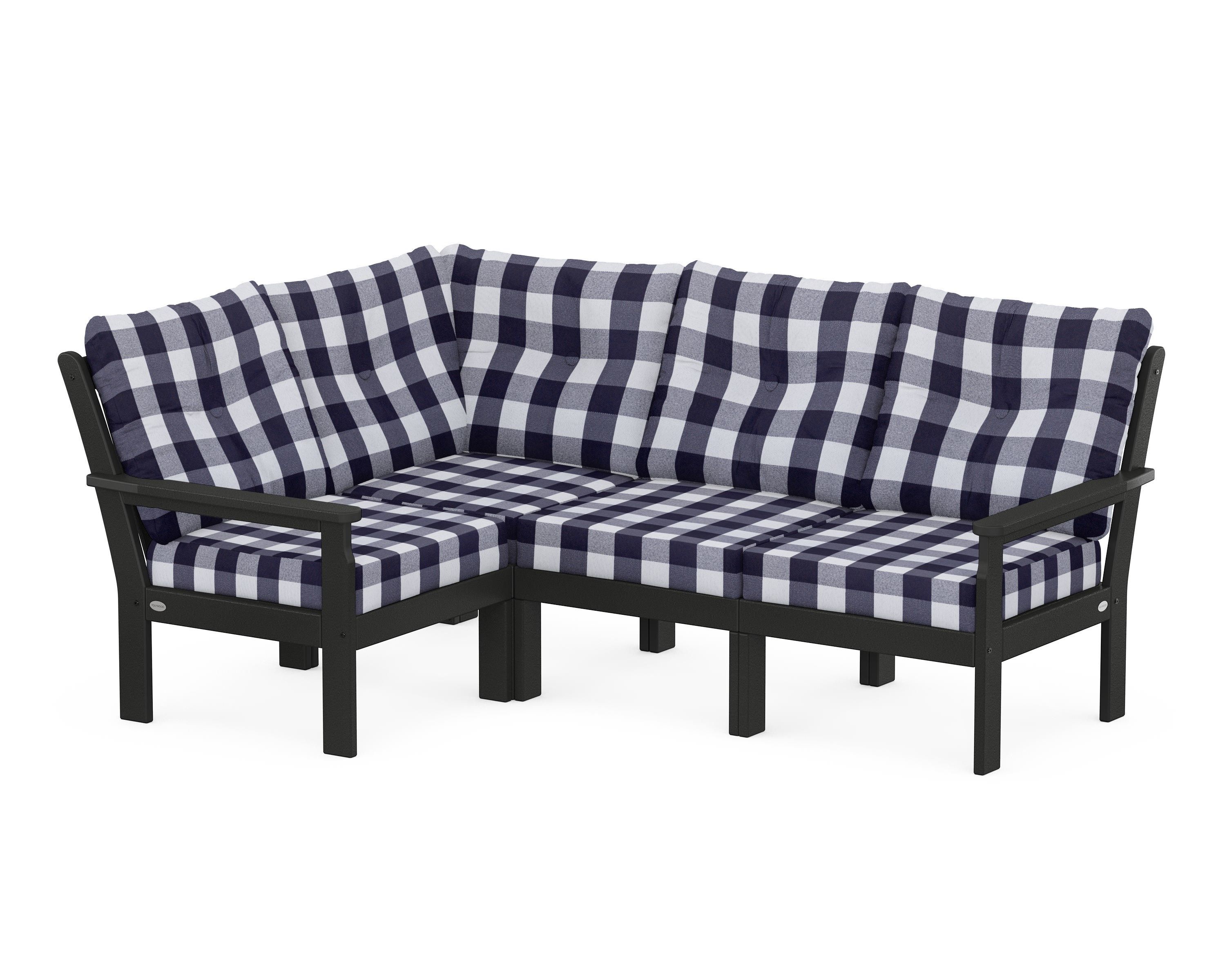 POLYWOOD® Vineyard 4-Piece Sectional in Black / Buffalo Plaid Navy