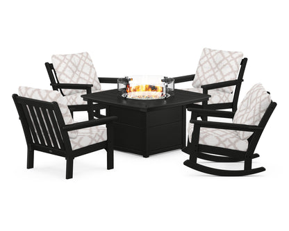 POLYWOOD® Vineyard 5-Piece Deep Seating Rocking Chair Conversation Set with Fire Pit Table in Black / Trellis Dune Burlap