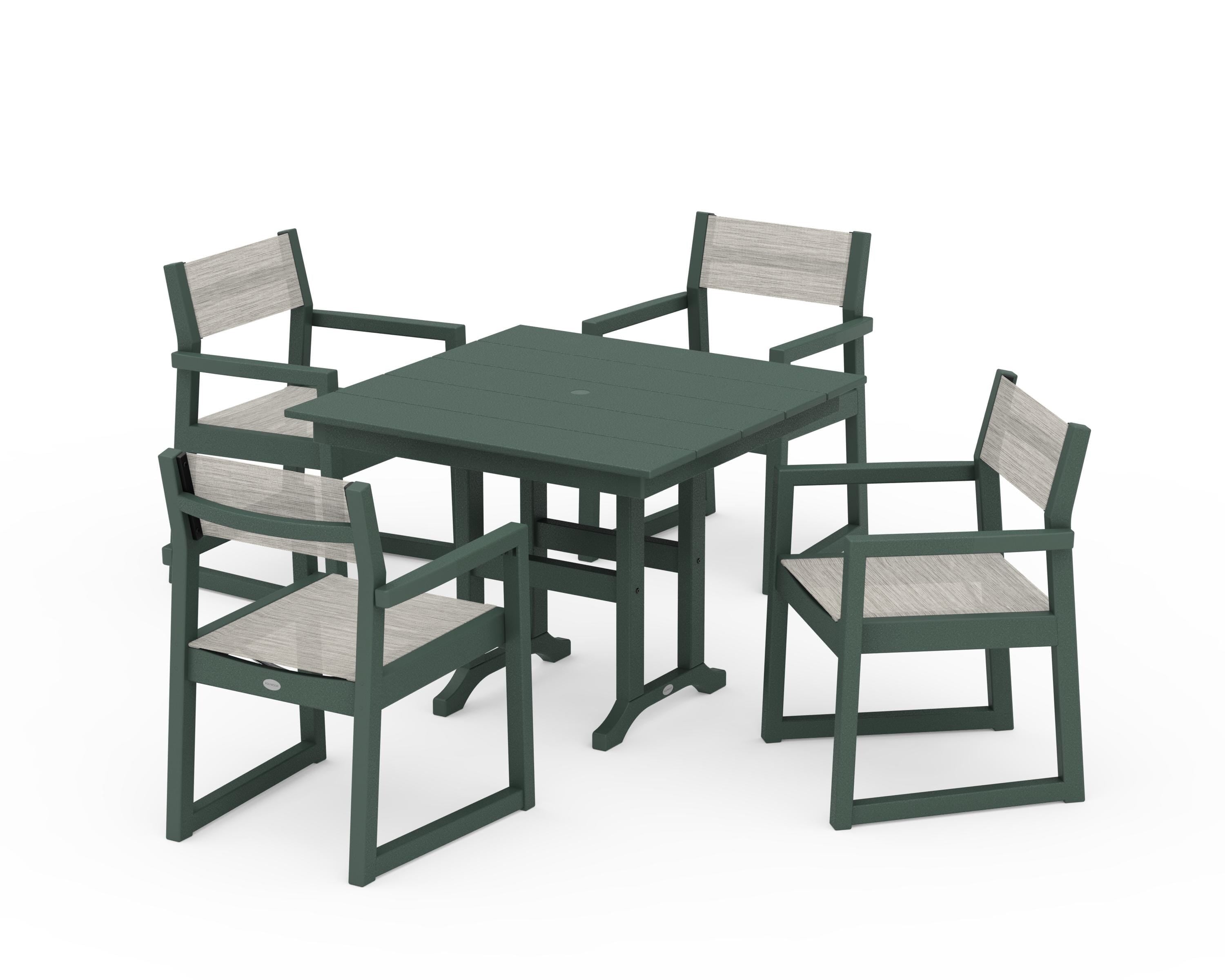 POLYWOOD® EDGE Sling Arm Chair 5-Piece Farmhouse Dining Set in Green / Birch Sling