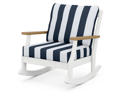 POLYWOOD® Braxton Deep Seating Rocking Chair in White / Natural / Cabana Stripe Marine Indigo
