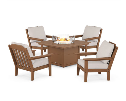 Country Living Cottage 5-Piece Deep Seating Set with Fire Pit Table in Teak / Dune Burlap