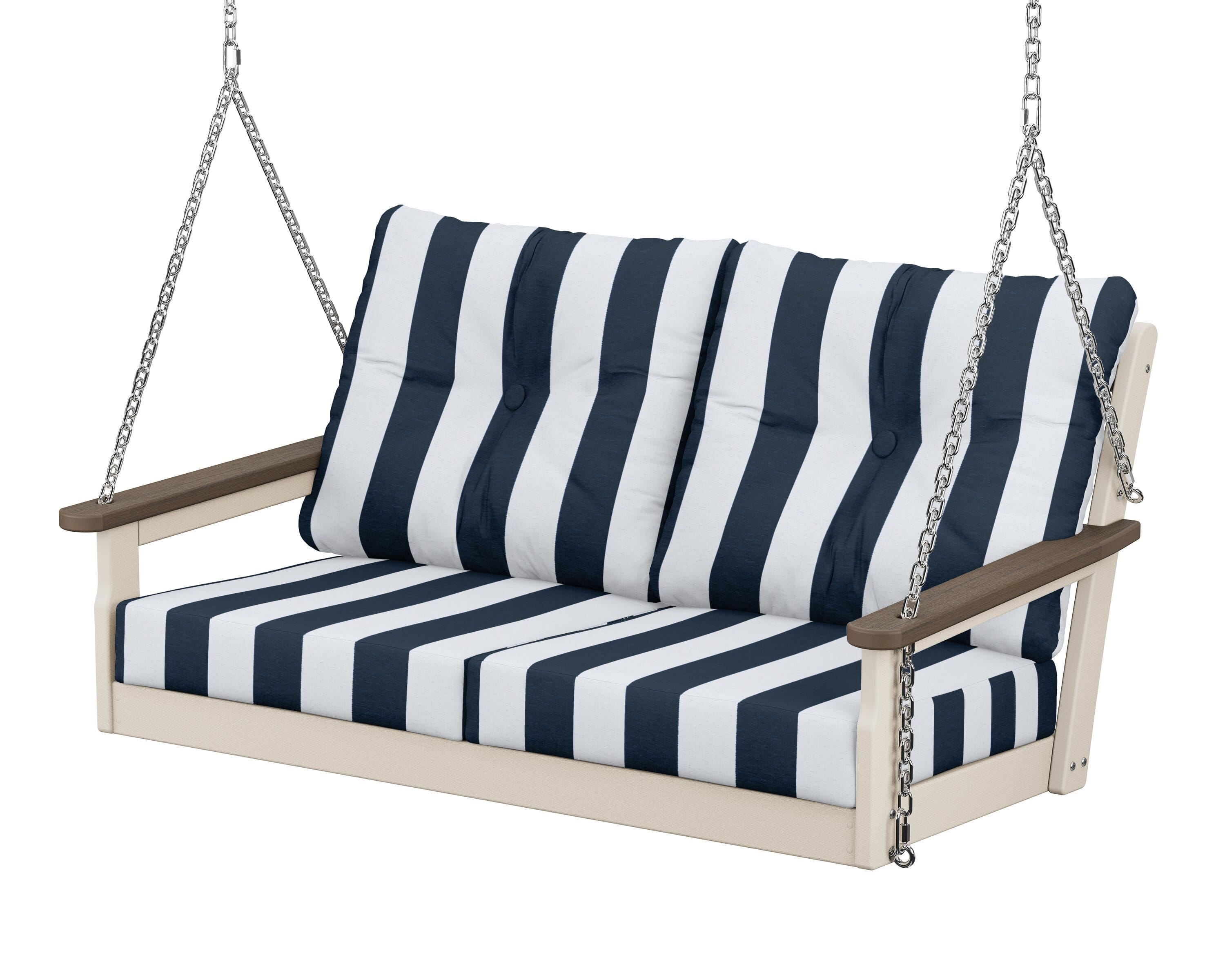 POLYWOOD® Vineyard Deep Seating Swing in Sand / Kona / Cabana Stripe Marine Indigo