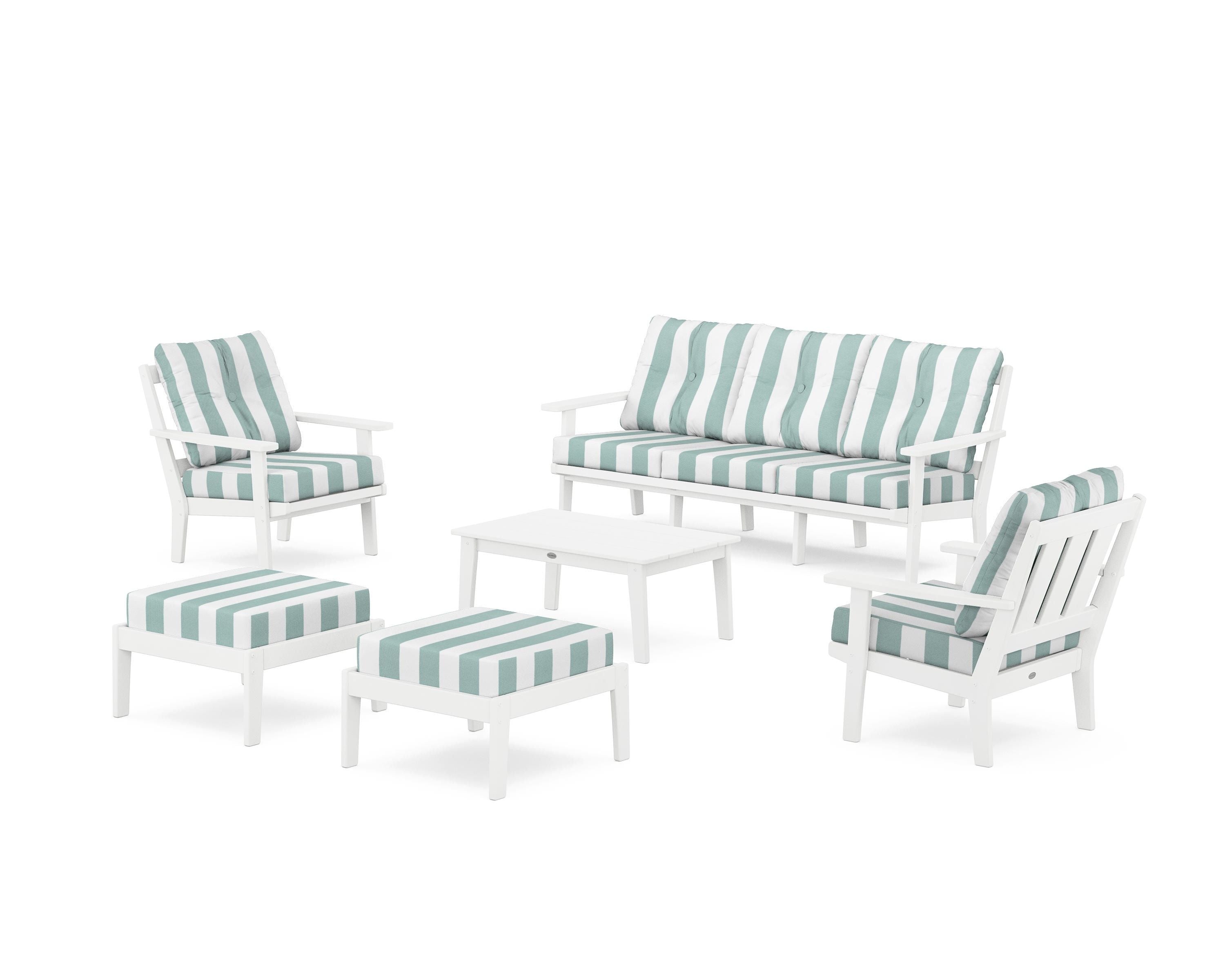 POLYWOOD® Oxford 6-Piece Lounge Sofa Set in White / Cabana Stripe Glacier Spa