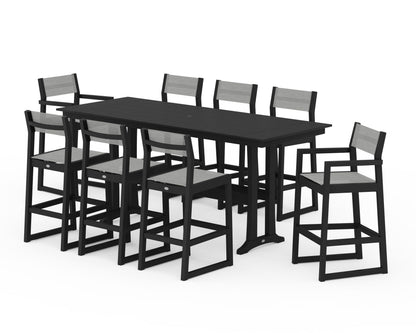 POLYWOOD® EDGE Sling 9-Piece Farmhouse Bar Set with Trestle Legs in Black / Metallic Sling