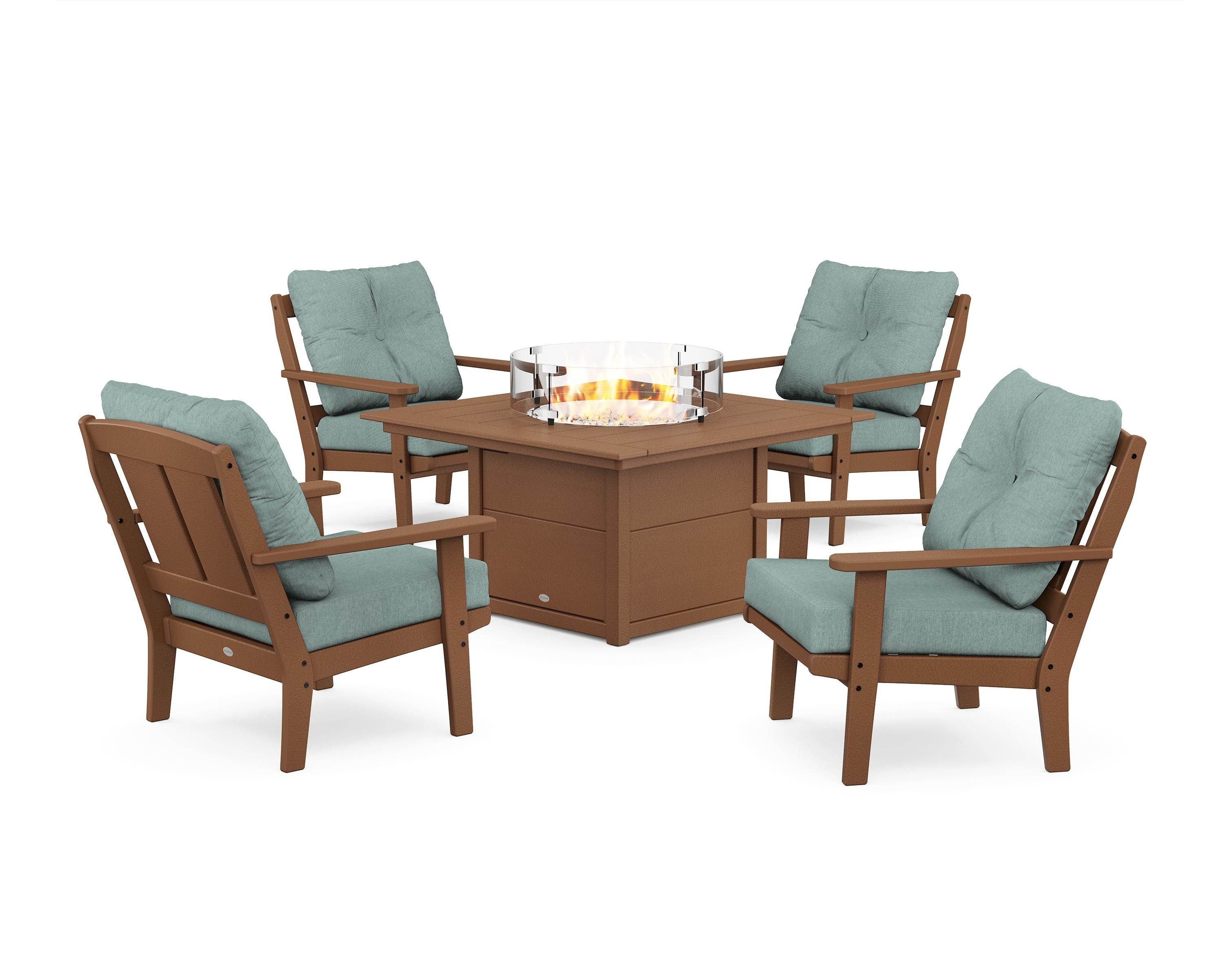 POLYWOOD® Mission 5-Piece Deep Seating Set with Fire Pit Table in Teak / Glacier Spa
