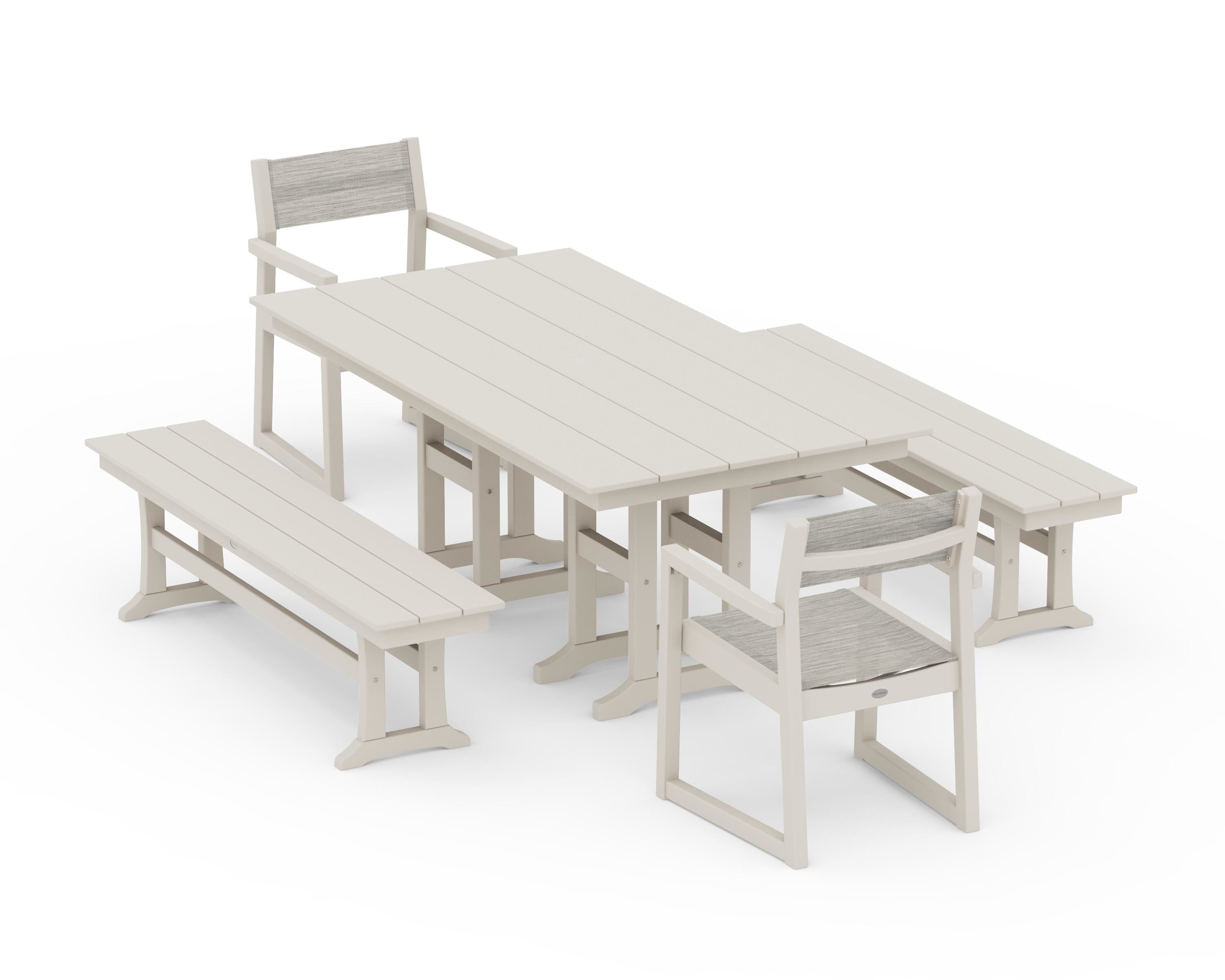 POLYWOOD® EDGE Sling Arm Chair 5-Piece Farmhouse Dining Set with Benches in Sand / Birch Sling