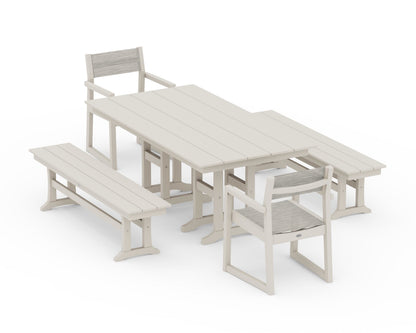 POLYWOOD® EDGE Sling Arm Chair 5-Piece Farmhouse Dining Set with Benches in Sand / Birch Sling