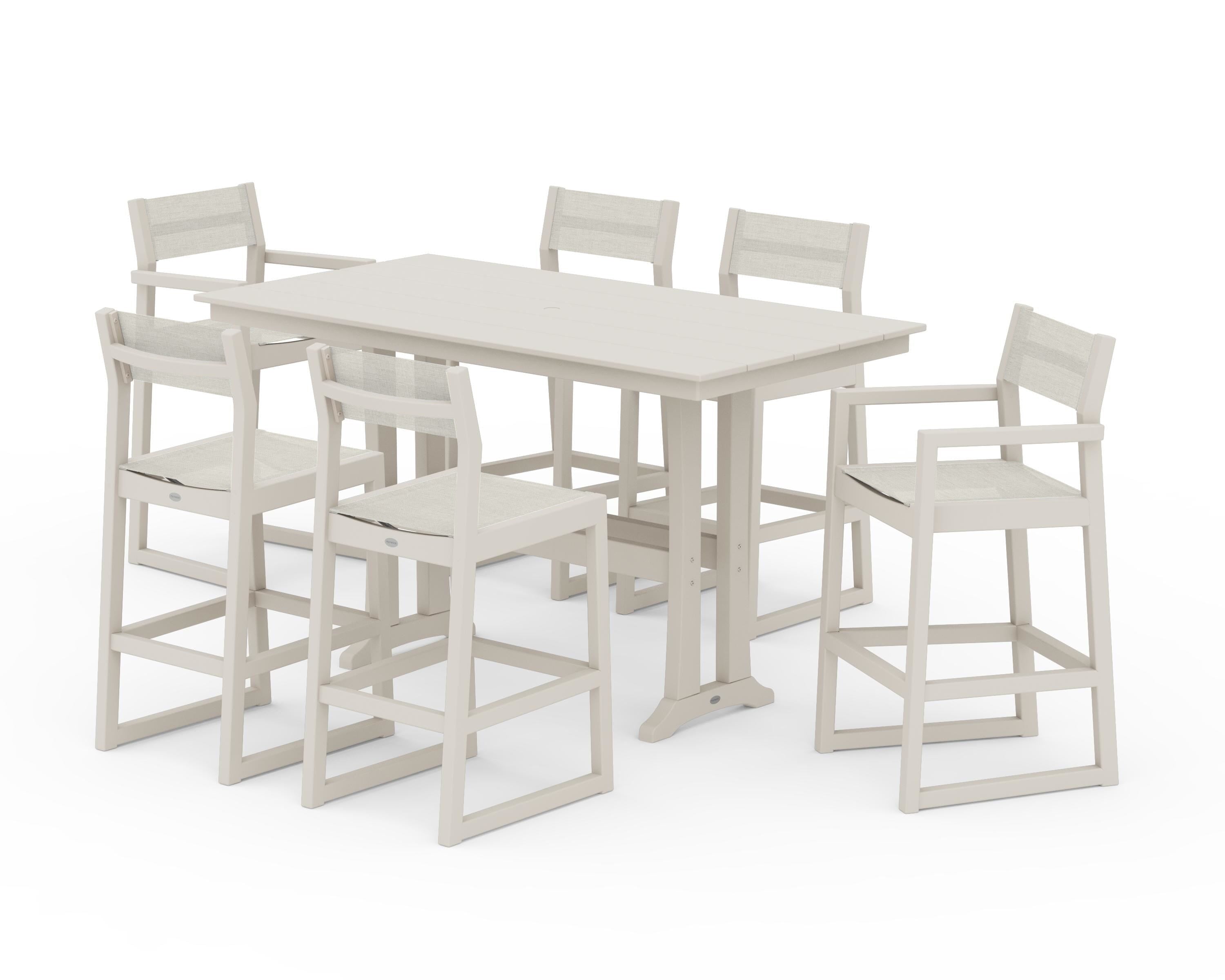 POLYWOOD® EDGE Sling 7-Piece Farmhouse Bar Set with Trestle Legs in Sand / Parchment Sling