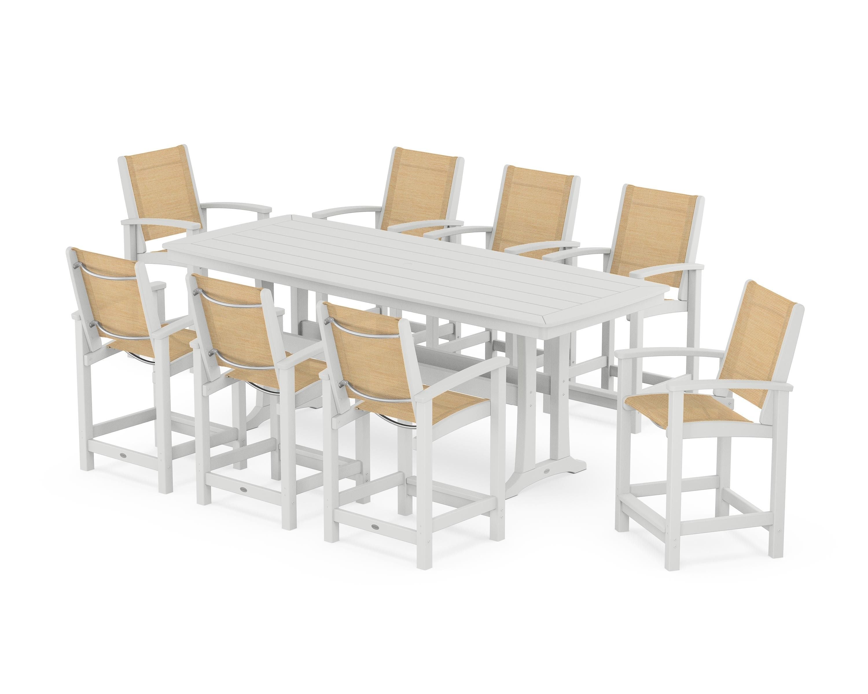 POLYWOOD® Coastal 9-Piece Counter Set with Trestle Legs in White / Dupioni Apricot Sling