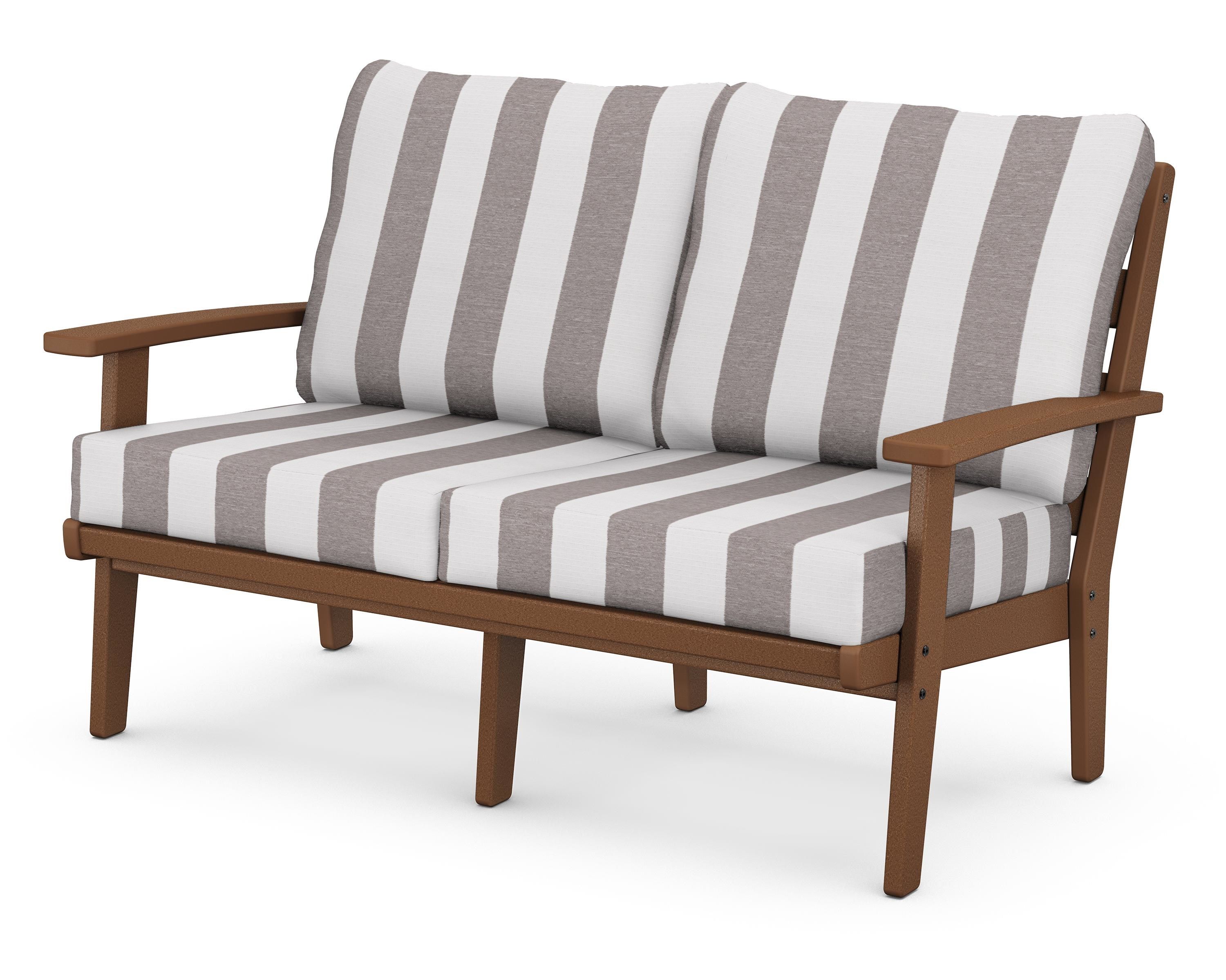 POLYWOOD® Grant Park Deep Seating Loveseat in Teak / Cabana Stripe Grey Mist