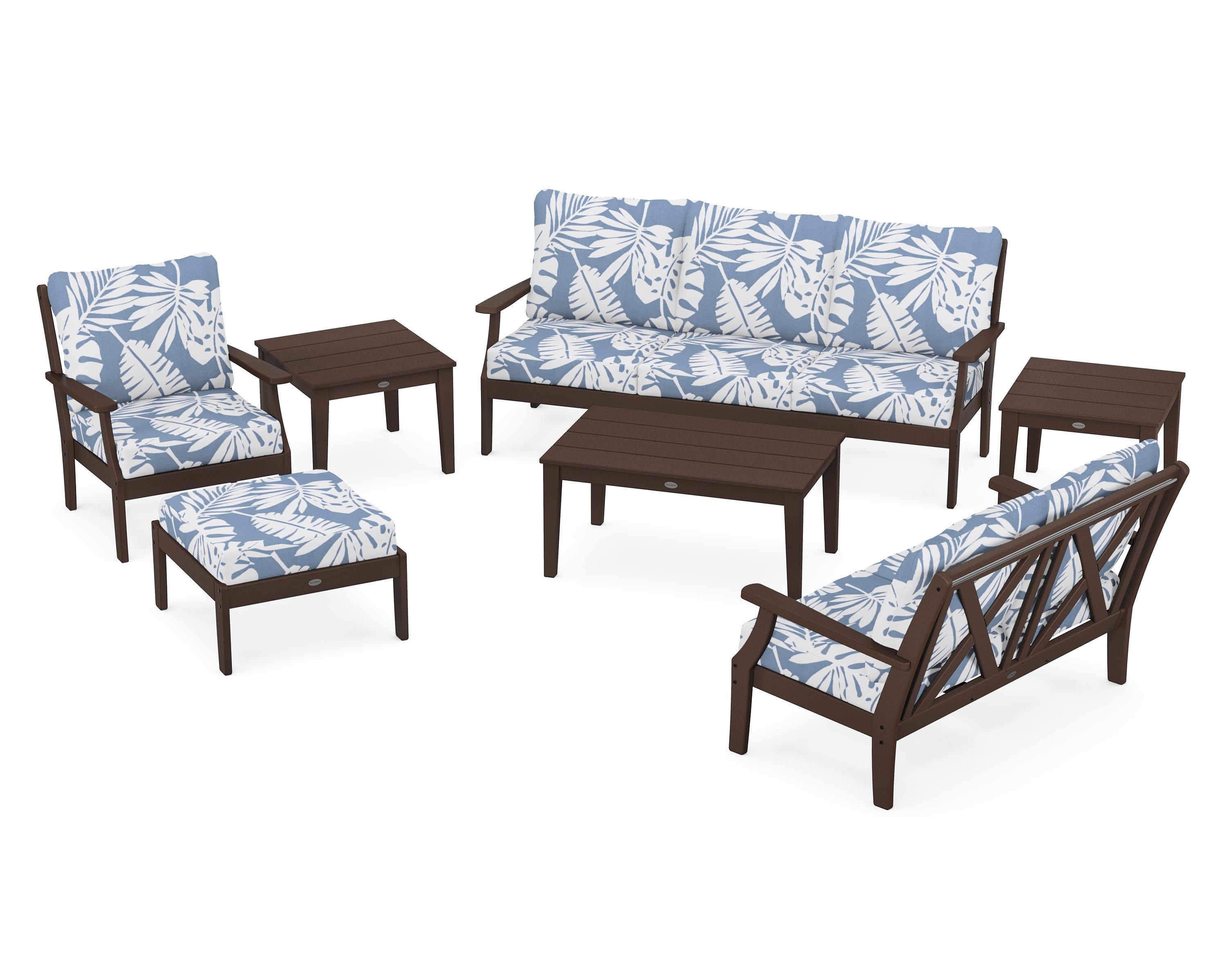 POLYWOOD® Braxton 7-Piece Deep Seating Set in Mahogany / Leaf Sky Blue