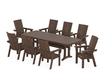 POLYWOOD® Modern Curveback Adirondack 9-Piece Dining Set with Trestle Legs in Mahogany