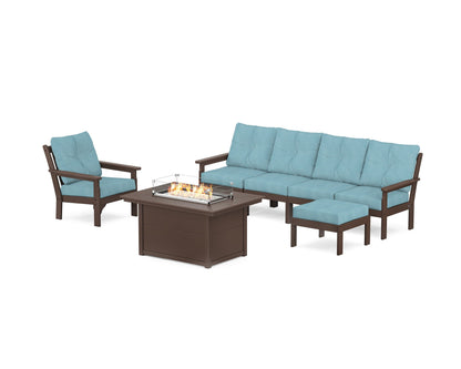 POLYWOOD® Vineyard Sectional Lounge and Fire Pit Set in Mahogany / Lattice Sky Blue