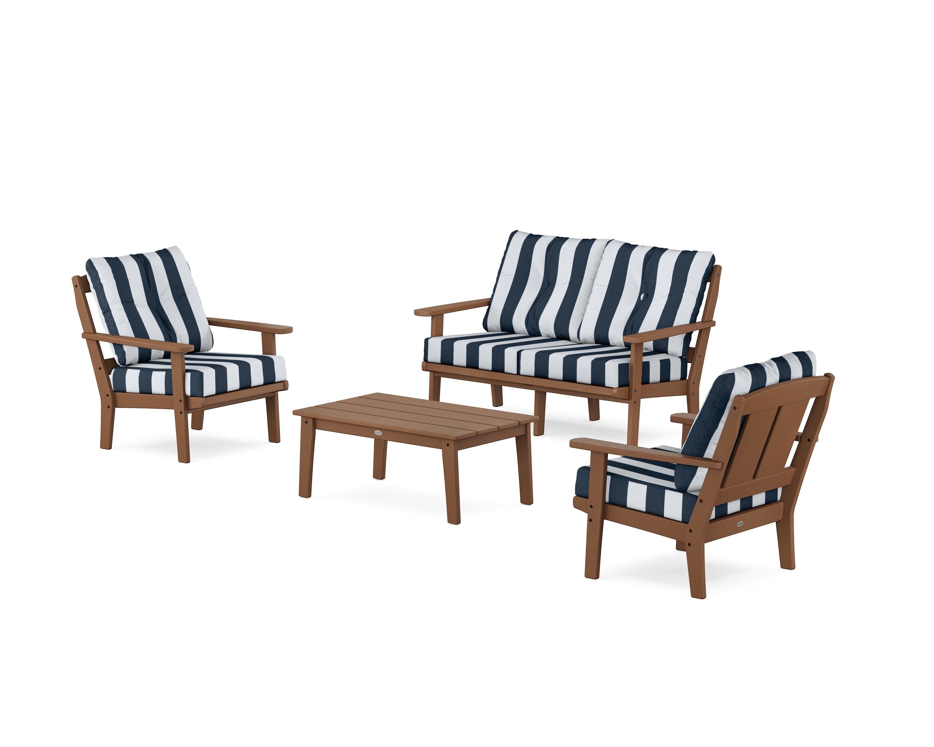 POLYWOOD® Mission 4-Piece Deep Seating Set with Loveseat in Teak / Cabana Stripe Marine Indigo