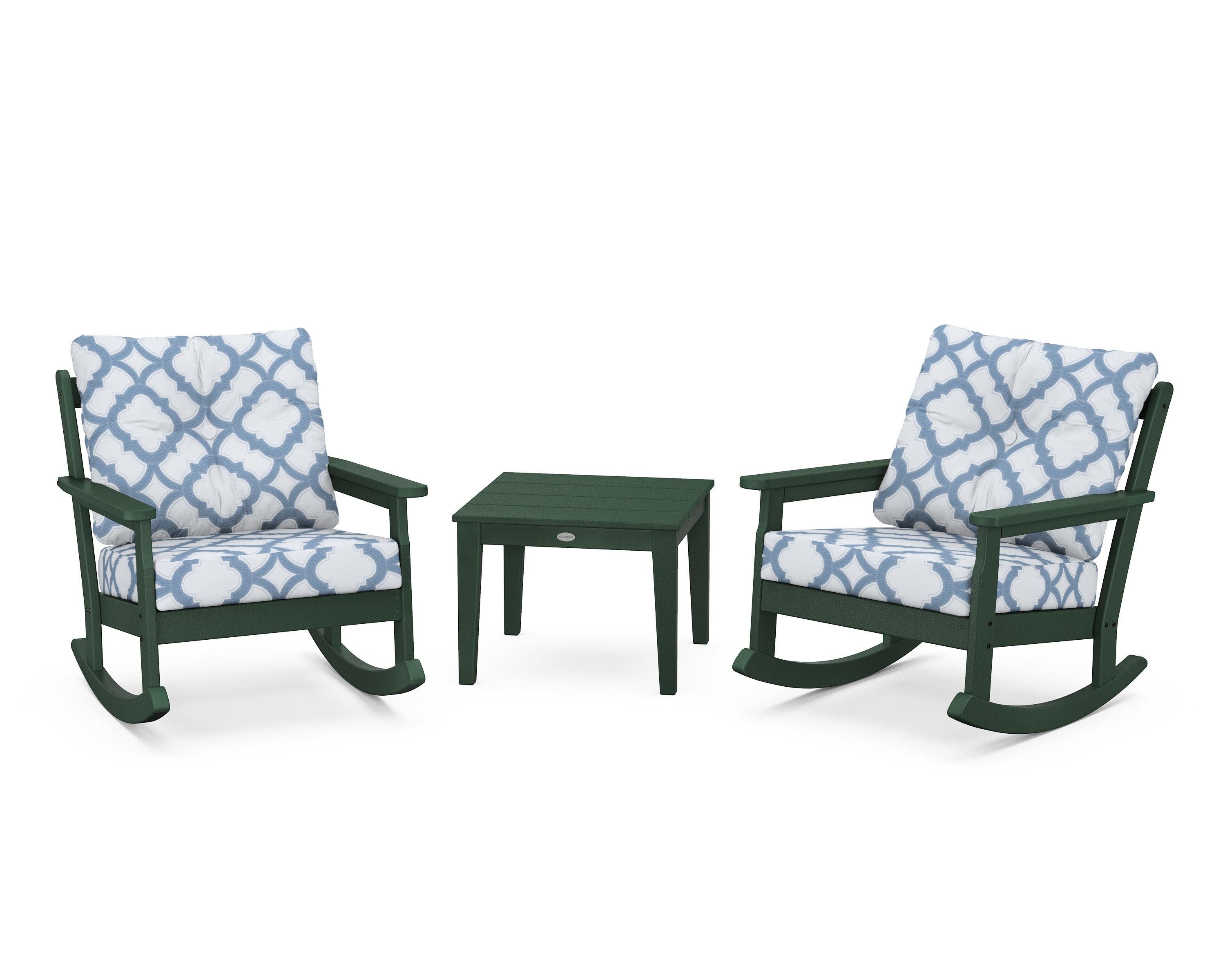 POLYWOOD® Vineyard 3-Piece Deep Seating Rocker Set in Green / Trellis Sky Blue