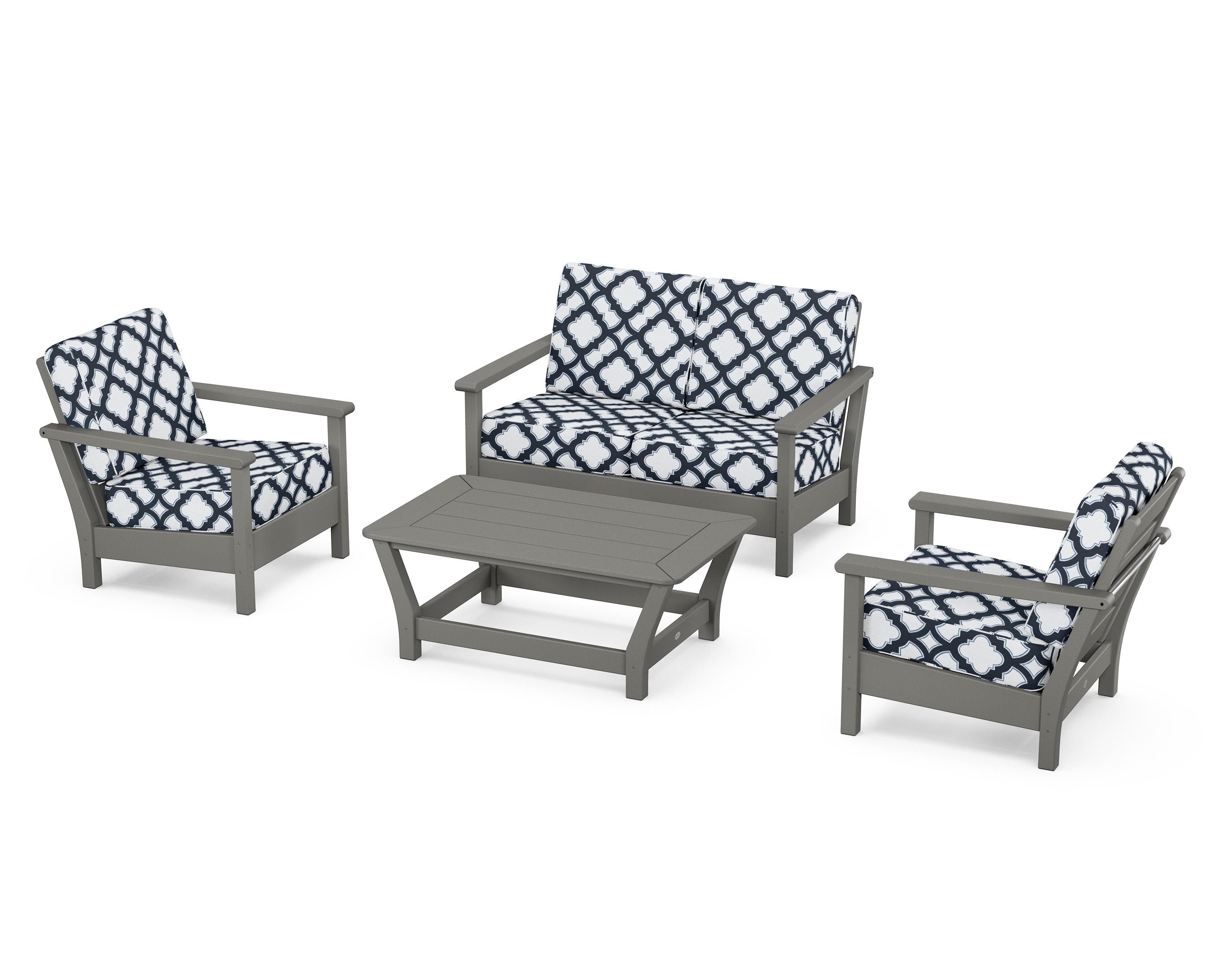 POLYWOOD® Harbour 4-Piece Deep Seating Set in Slate Grey / Trellis Marine Indigo