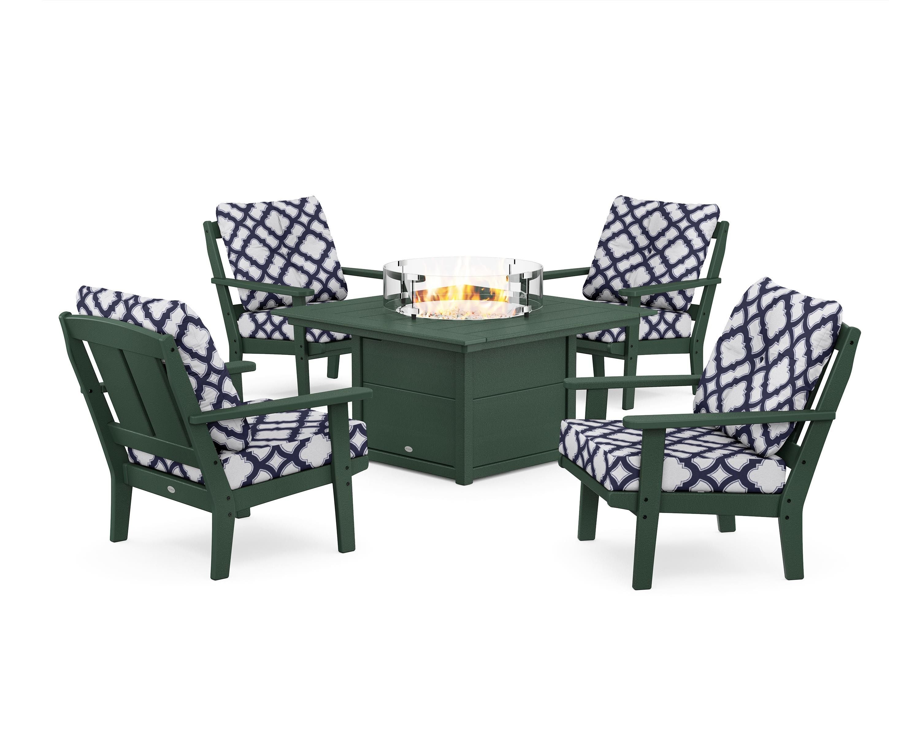 POLYWOOD® Mission 5-Piece Deep Seating Set with Fire Pit Table in Green / Trellis Navy