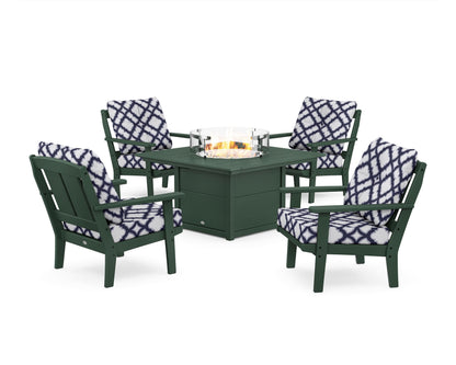 POLYWOOD® Mission 5-Piece Deep Seating Set with Fire Pit Table in Green / Trellis Navy
