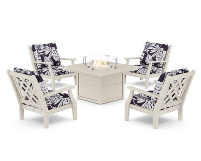 Country Living Wovendale 5-Piece Deep Seating Set with Fire Pit Table in Sand / Leaf Navy