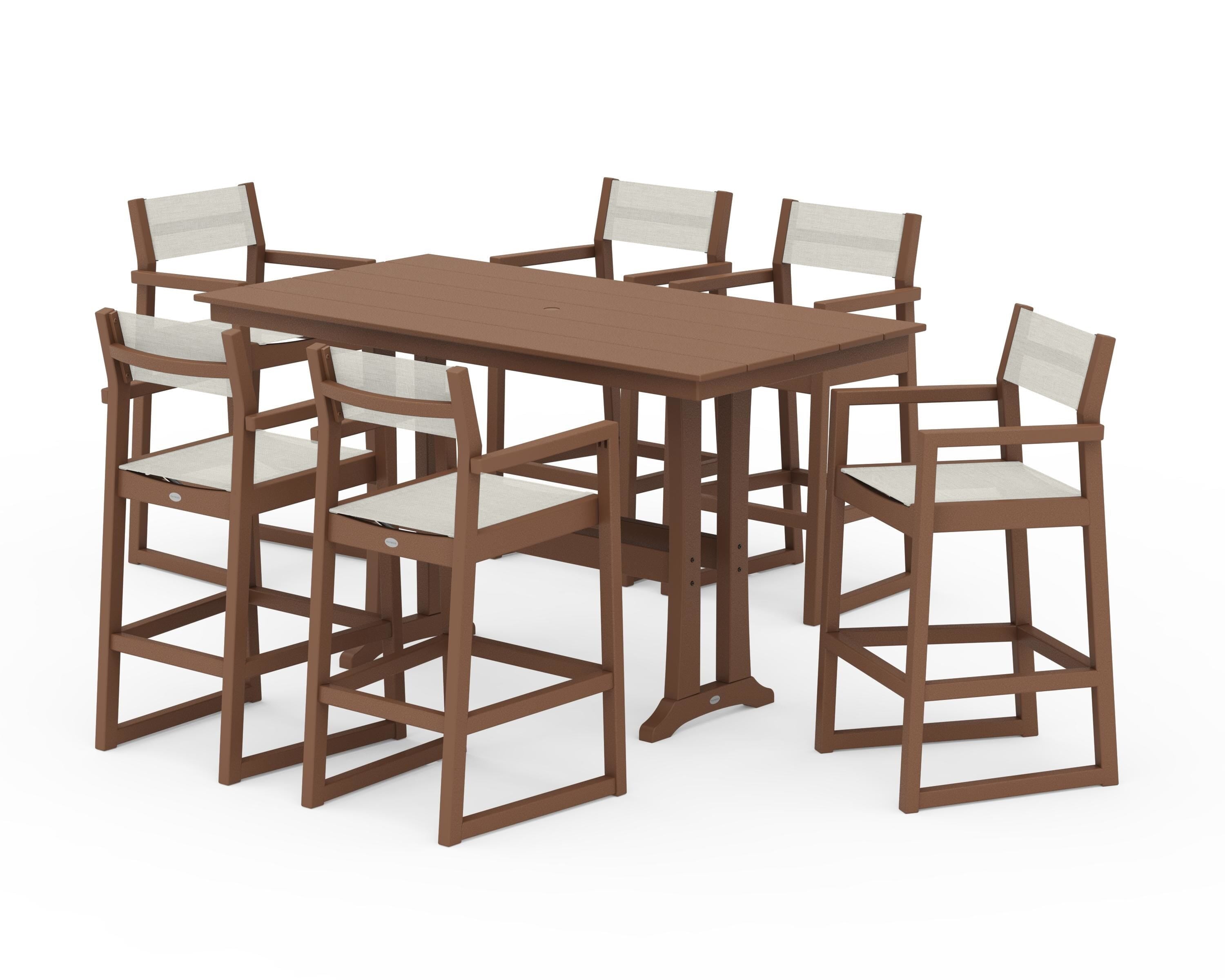 POLYWOOD® EDGE Sling Arm Chair 7-Piece Farmhouse Bar Set with Trestle Legs in Teak / Parchment Sling