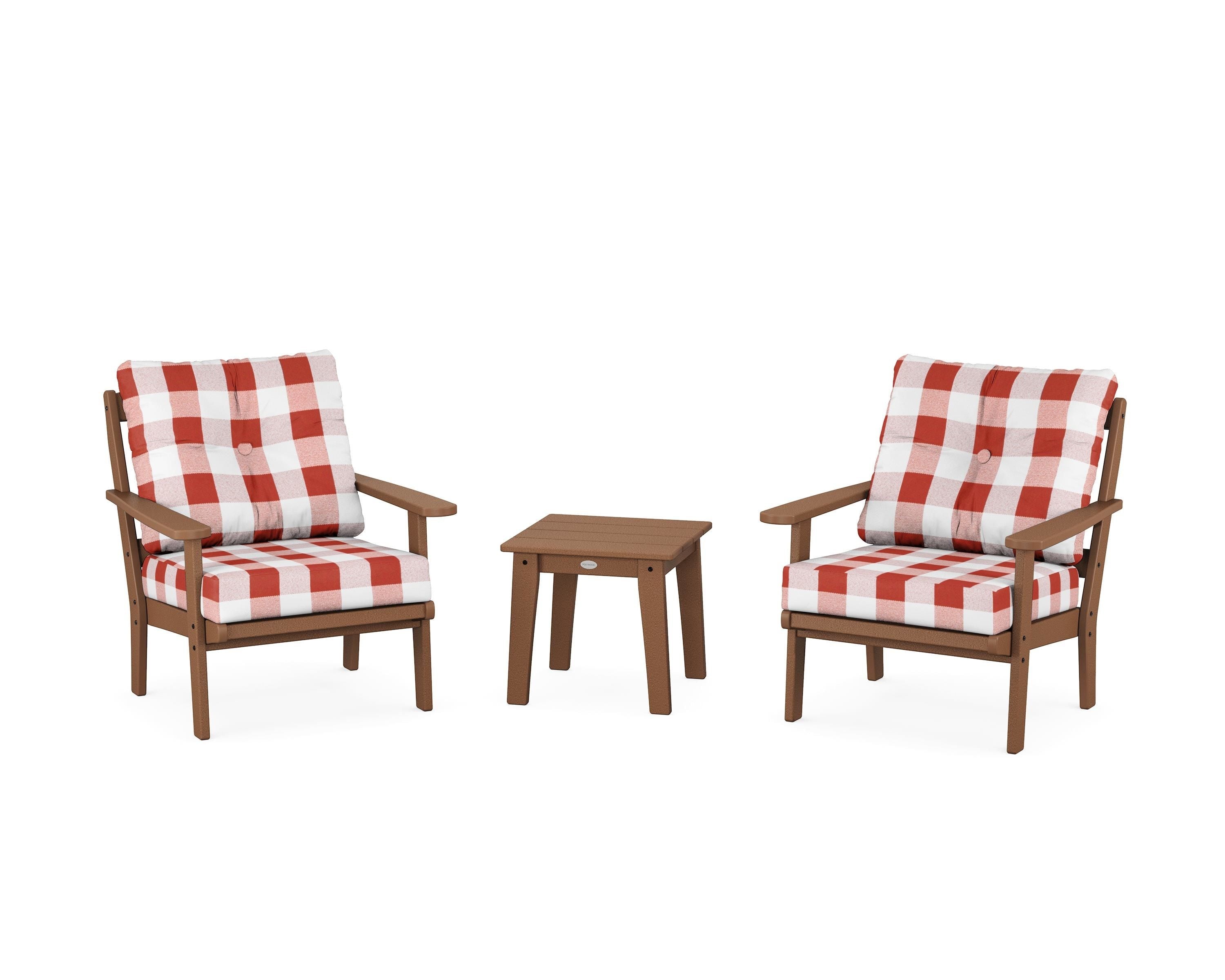 POLYWOOD® Mission 3-Piece Deep Seating Set in Teak / Buffalo Plaid Crimson