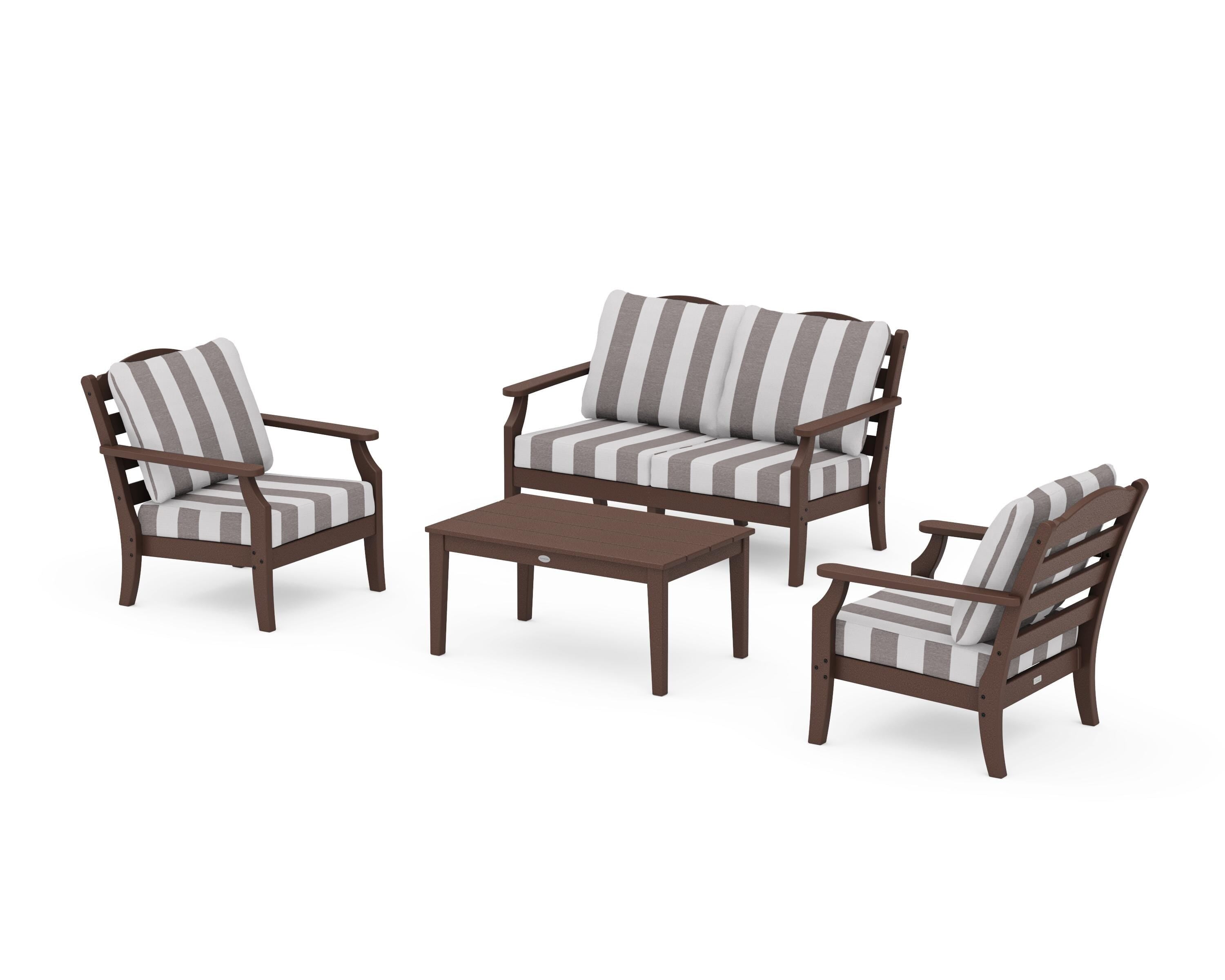 Draper James™ by  POLYWOOD® Savannah 4-Piece Deep Seating Set with Loveseat in Mahogany / Cabana Stripe Grey Mist