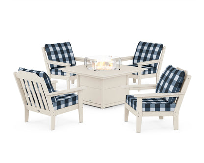 Country Living Cottage 5-Piece Deep Seating Set with Fire Pit Table in Sand / Buffalo Plaid Marine Indigo