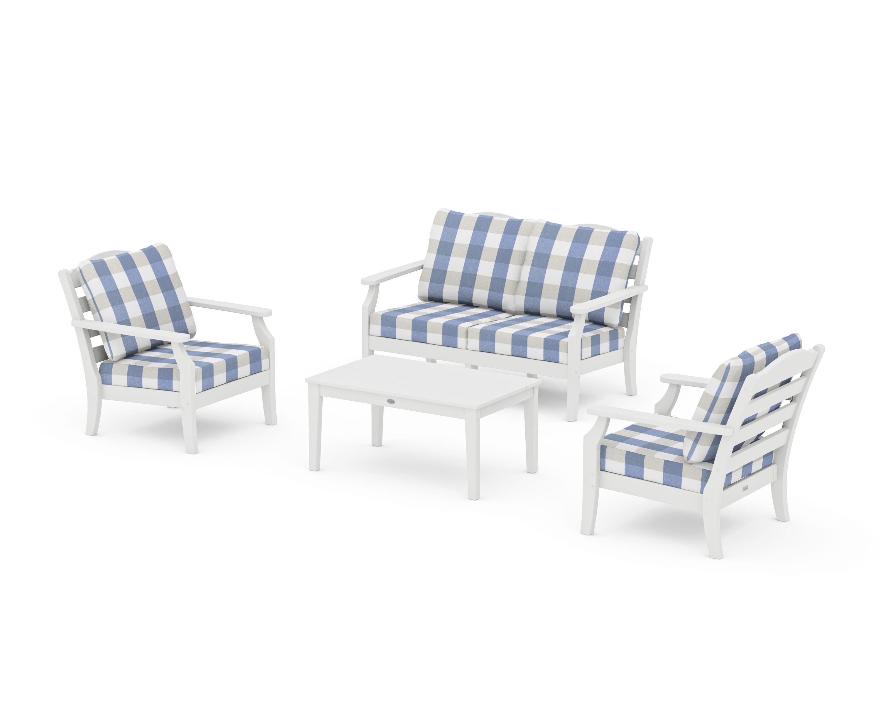 Draper James™ by  POLYWOOD® Savannah 4-Piece Deep Seating Set with Loveseat in White / Buffalo Plaid Sky Blue