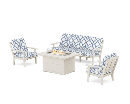 POLYWOOD® Mission Deep Seating Fire Pit Table Set in Sand / Trellis Sky Blue