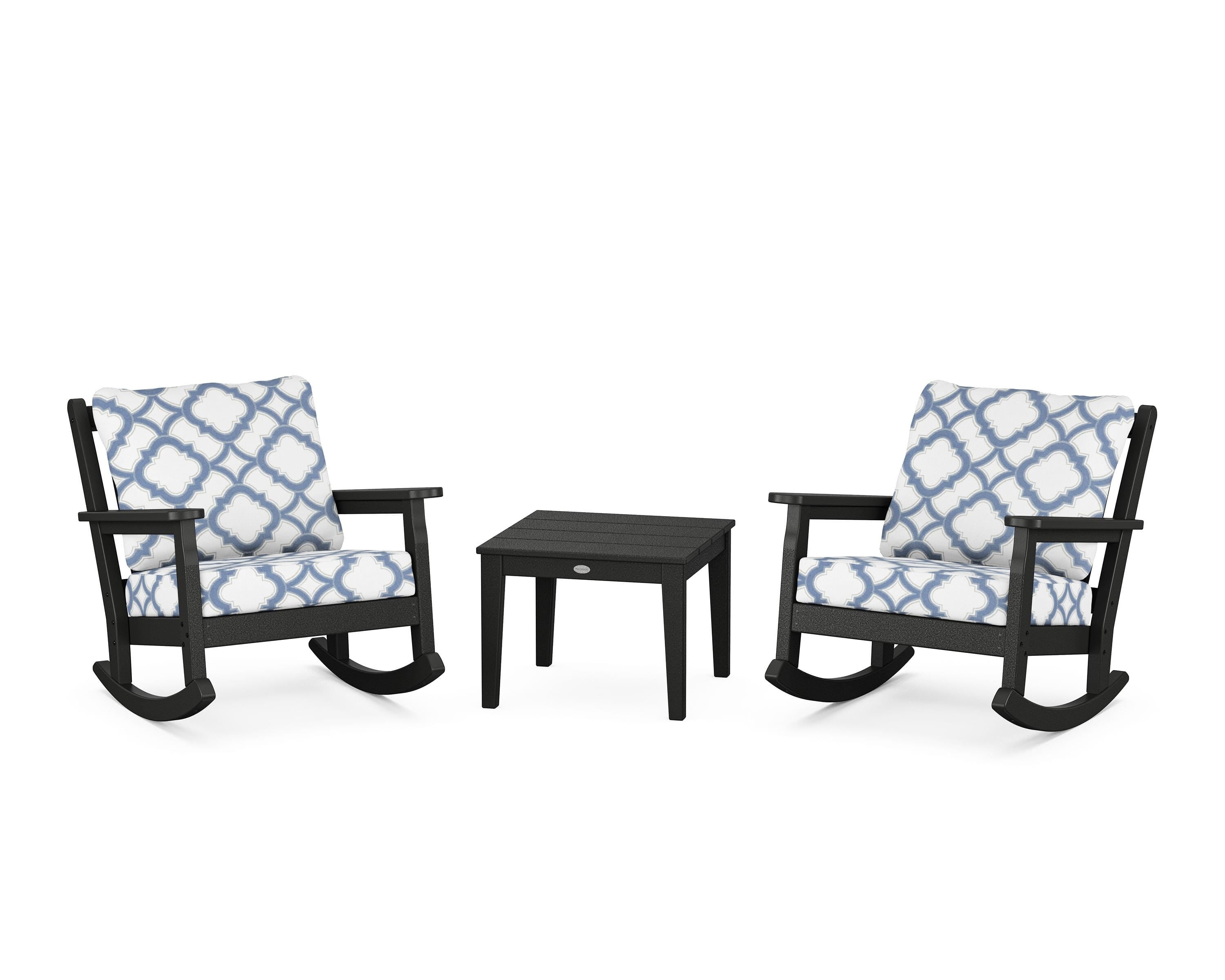 POLYWOOD® Chippendale 3-Piece Deep Seating Rocker Set in Black / Trellis Sky Blue
