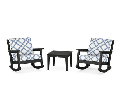 POLYWOOD® Chippendale 3-Piece Deep Seating Rocker Set in Black / Trellis Sky Blue