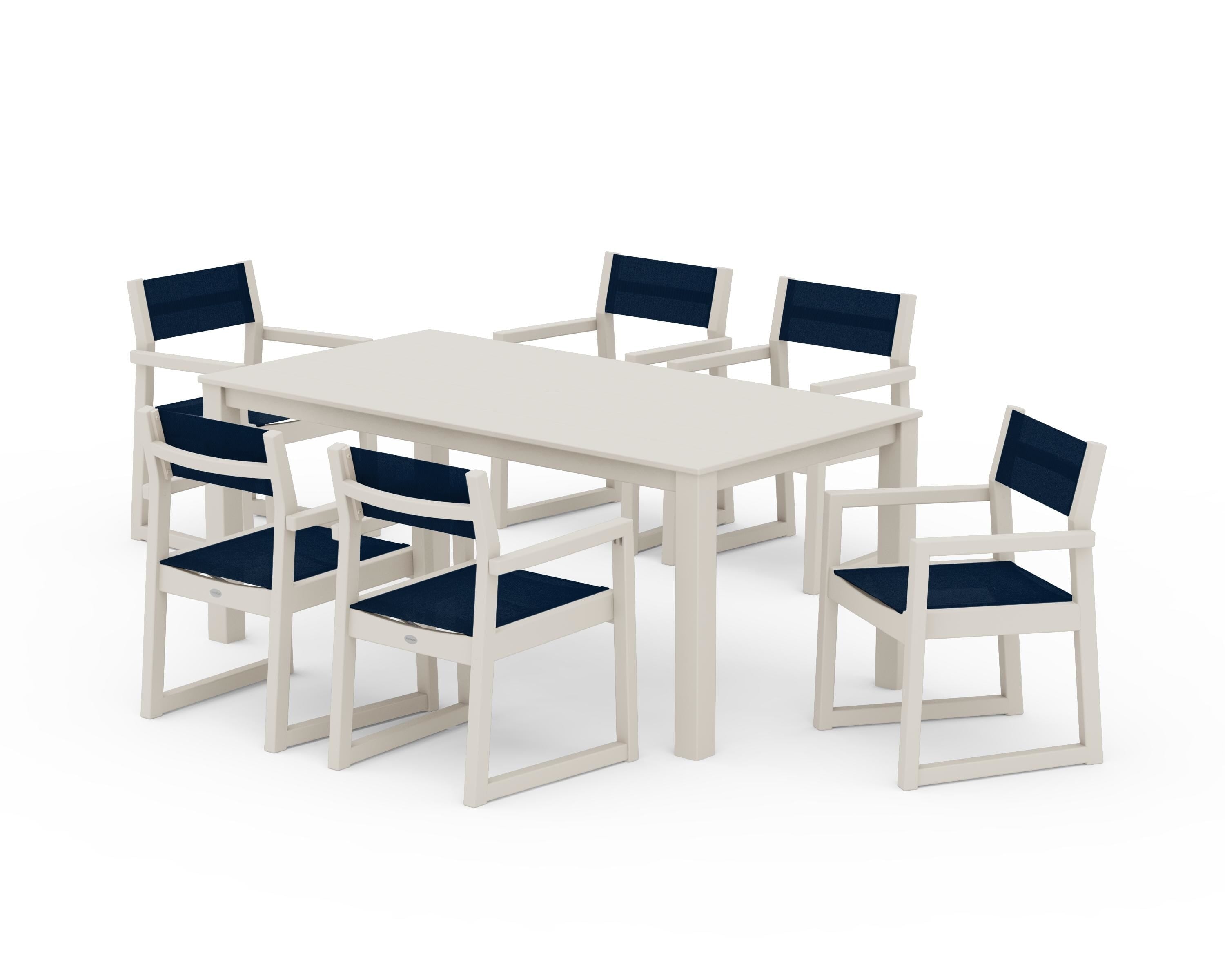 POLYWOOD® EDGE Sling Arm Chair 7-Piece Parsons Dining Set in Sand / Navy Blue Sling