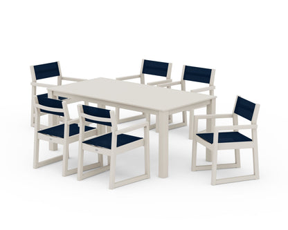POLYWOOD® EDGE Sling Arm Chair 7-Piece Parsons Dining Set in Sand / Navy Blue Sling