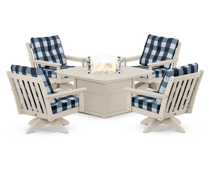 POLYWOOD® Vineyard 5-Piece Deep Seating Swivel Conversation Set with Fire Pit Table in Sand / Buffalo Plaid Marine Indigo