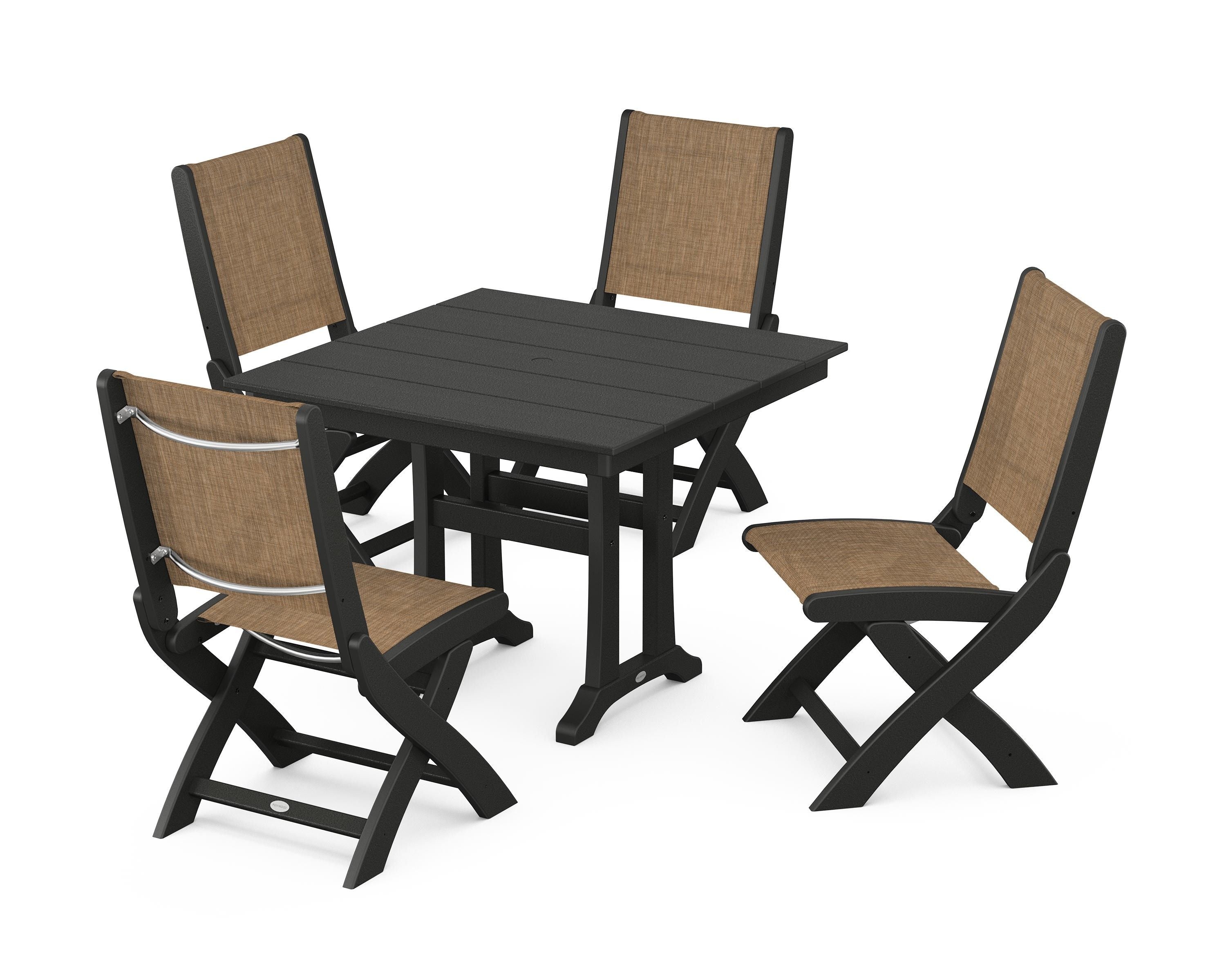 POLYWOOD® Coastal Folding Side Chair 5-Piece Farmhouse Dining Set With Trestle Legs in Black / Burlap Sling