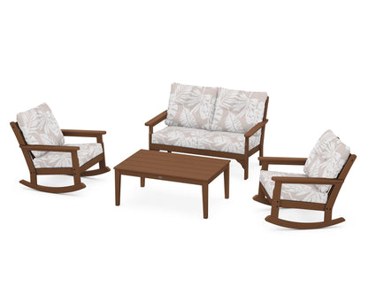POLYWOOD® Vineyard 4-Piece Deep Seating Rocking Chair Set in Teak / Leaf Dune Burlap