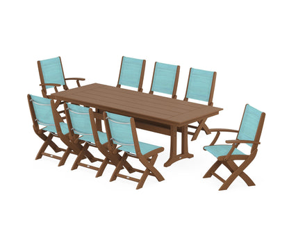 POLYWOOD® Coastal 9-Piece Folding Dining Chair Farmhouse Dining Set with Trestle Legs in Teak / Dupioni Aquamarine Sling
