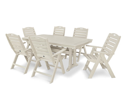 POLYWOOD® Nautical Folding Highback Chair 7-Piece Dining Set with Trestle Legs in Sand