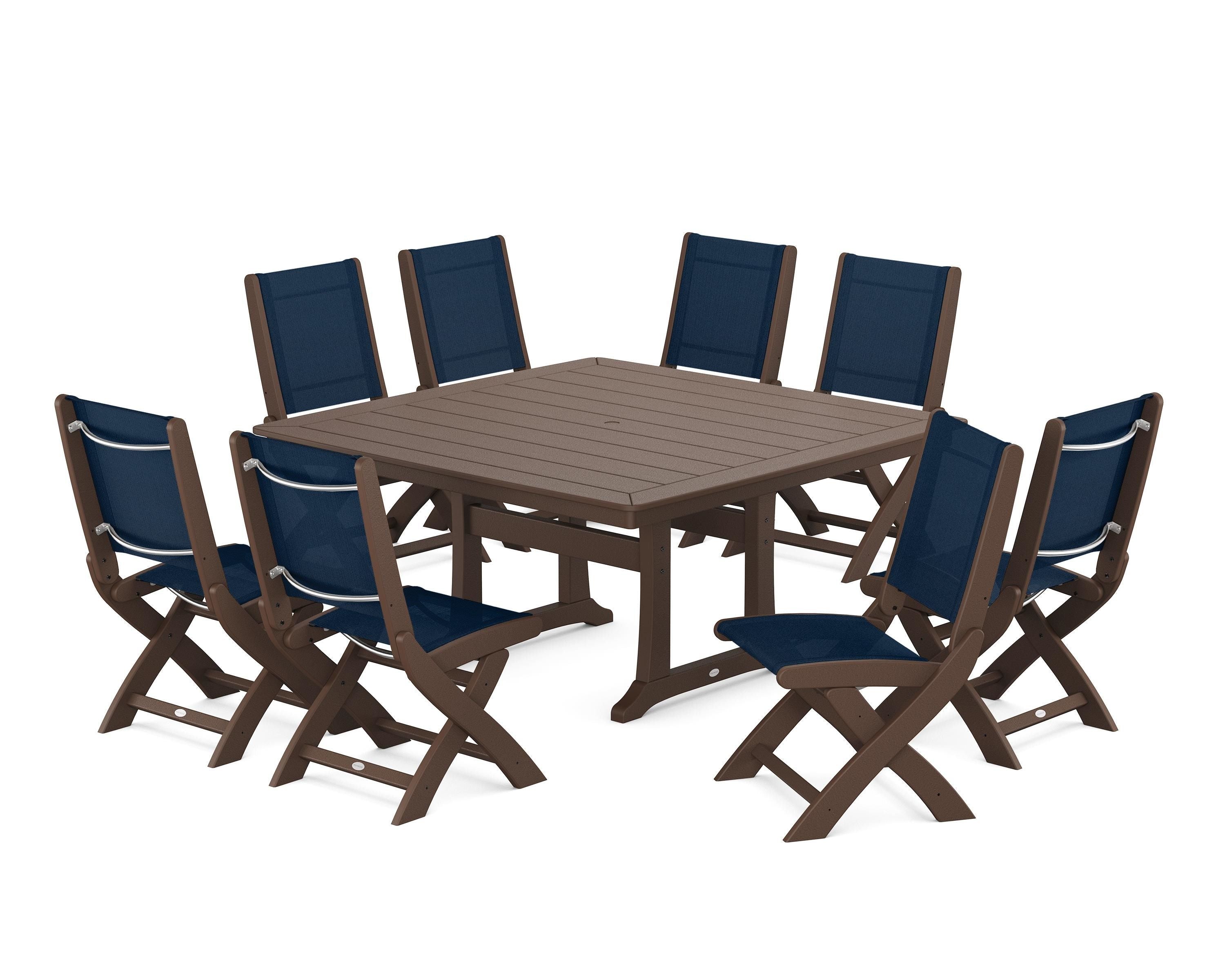 POLYWOOD® Coastal Folding Side Chair 9-Piece Dining Set with Trestle Legs in Mahogany / Navy Blue Sling