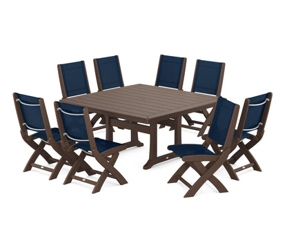 POLYWOOD® Coastal Folding Side Chair 9-Piece Dining Set with Trestle Legs in Mahogany / Navy Blue Sling