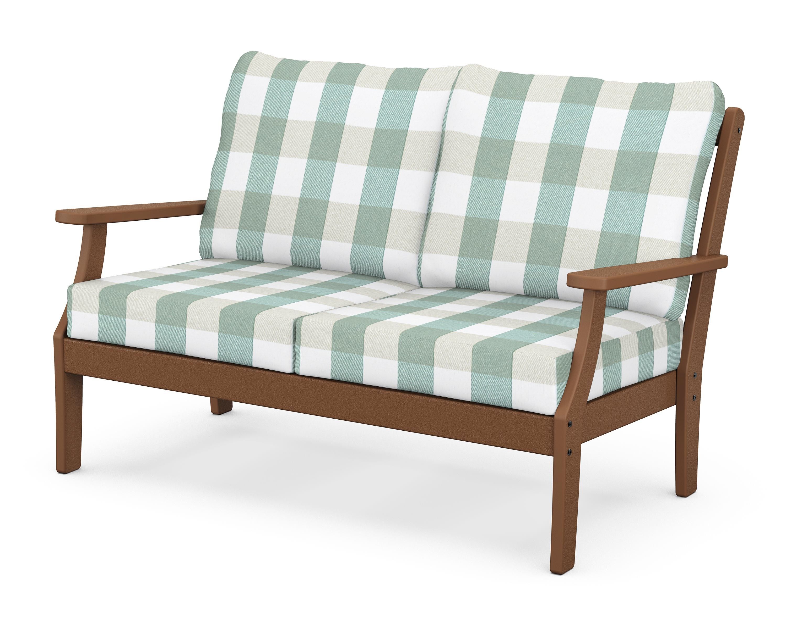 POLYWOOD® Braxton Deep Seating Loveseat in Teak / Buffalo Plaid Glacier Spa
