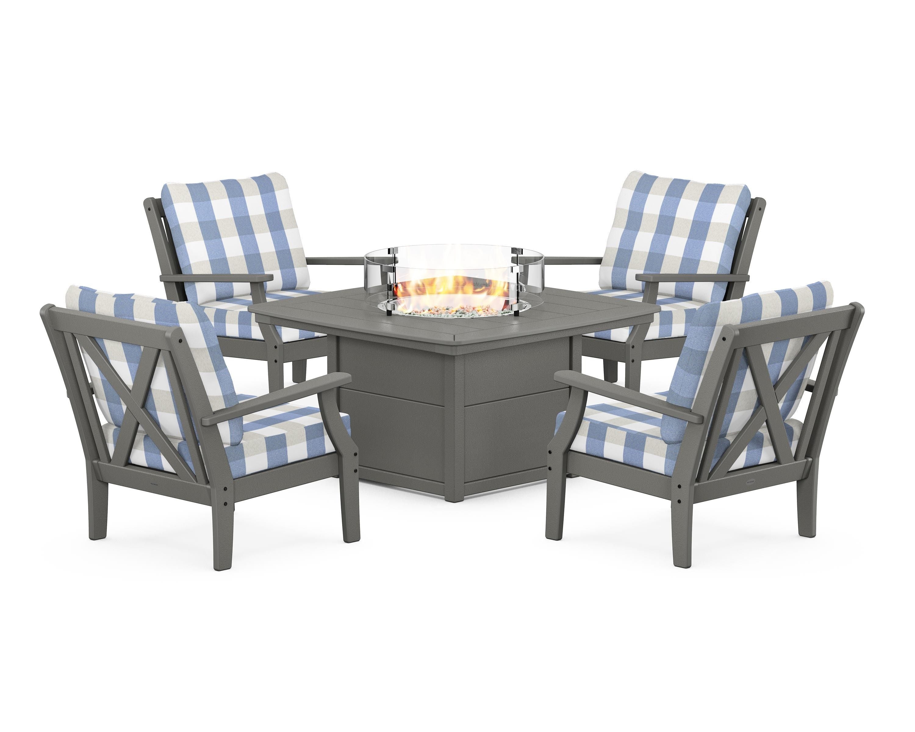 POLYWOOD® Braxton 5-Piece Deep Seating Conversation Set with Fire Pit Table in Slate Grey / Buffalo Plaid Sky Blue