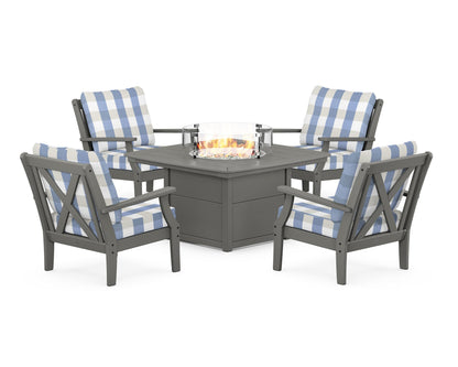 POLYWOOD® Braxton 5-Piece Deep Seating Conversation Set with Fire Pit Table in Slate Grey / Buffalo Plaid Sky Blue