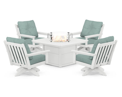 POLYWOOD® Vineyard 5-Piece Deep Seating Swivel Conversation Set with Fire Pit Table in White / Glacier Spa