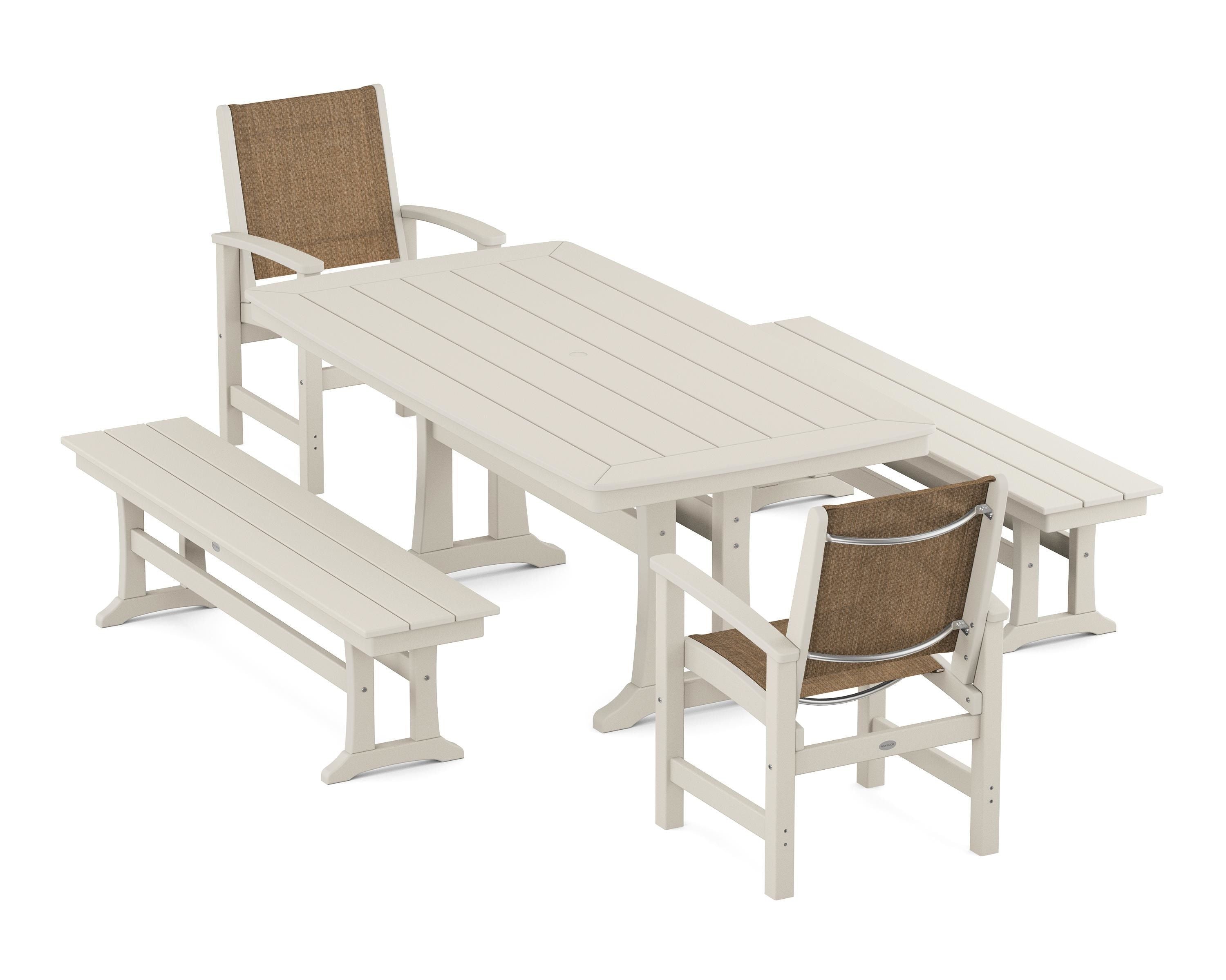 POLYWOOD® Coastal 5-Piece Dining Set with Trestle Legs and Benches in Sand / Burlap Sling