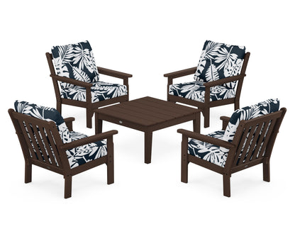 POLYWOOD® Vineyard 5-Piece Deep Seating Conversation Set in Mahogany / Leaf Marine Indigo