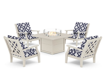 Country Living Wovendale 5-Piece Deep Seating Set with Fire Pit Table in Sand / Trellis Navy