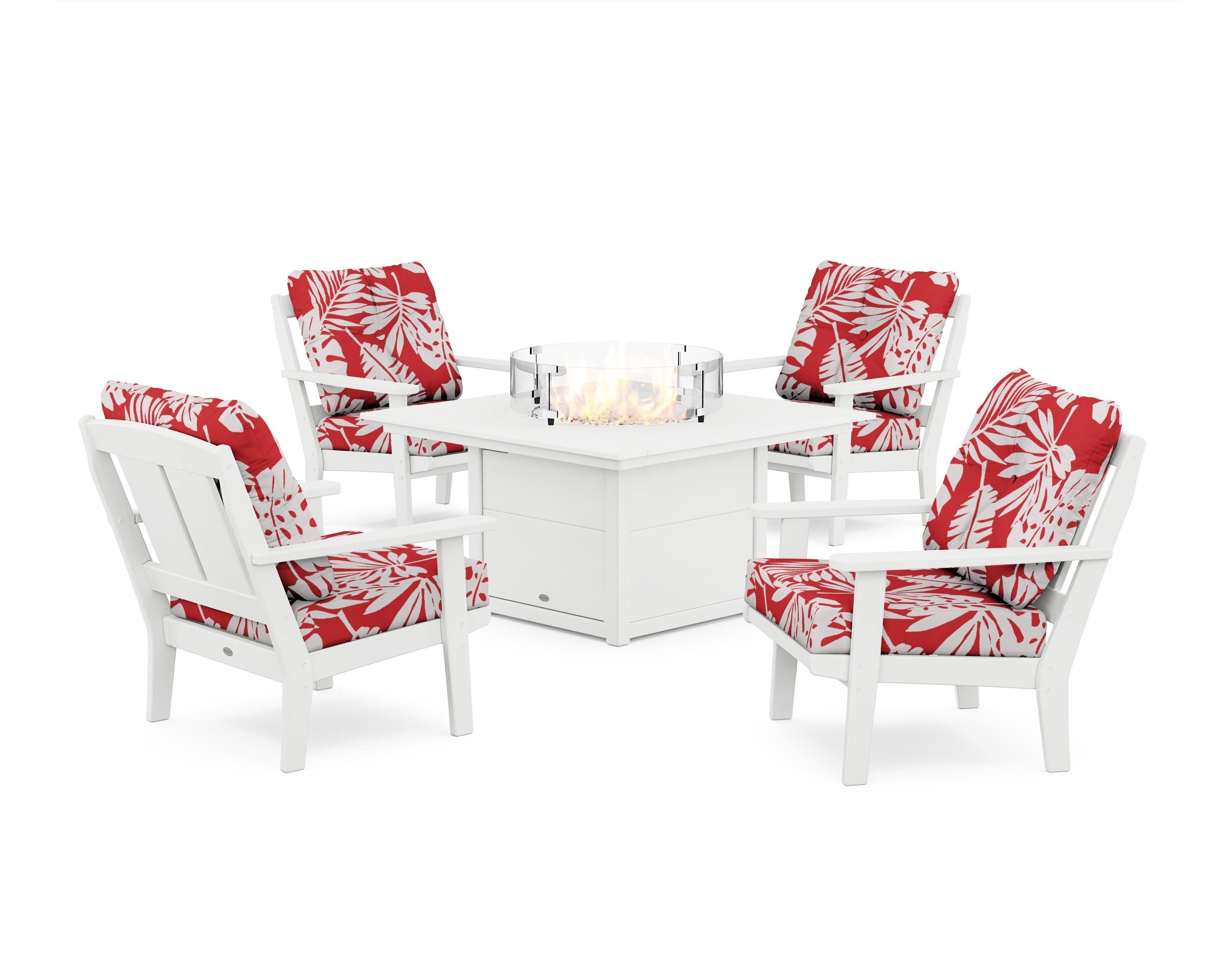 POLYWOOD® Mission 5-Piece Deep Seating Set with Fire Pit Table in White / Leaf Crimson