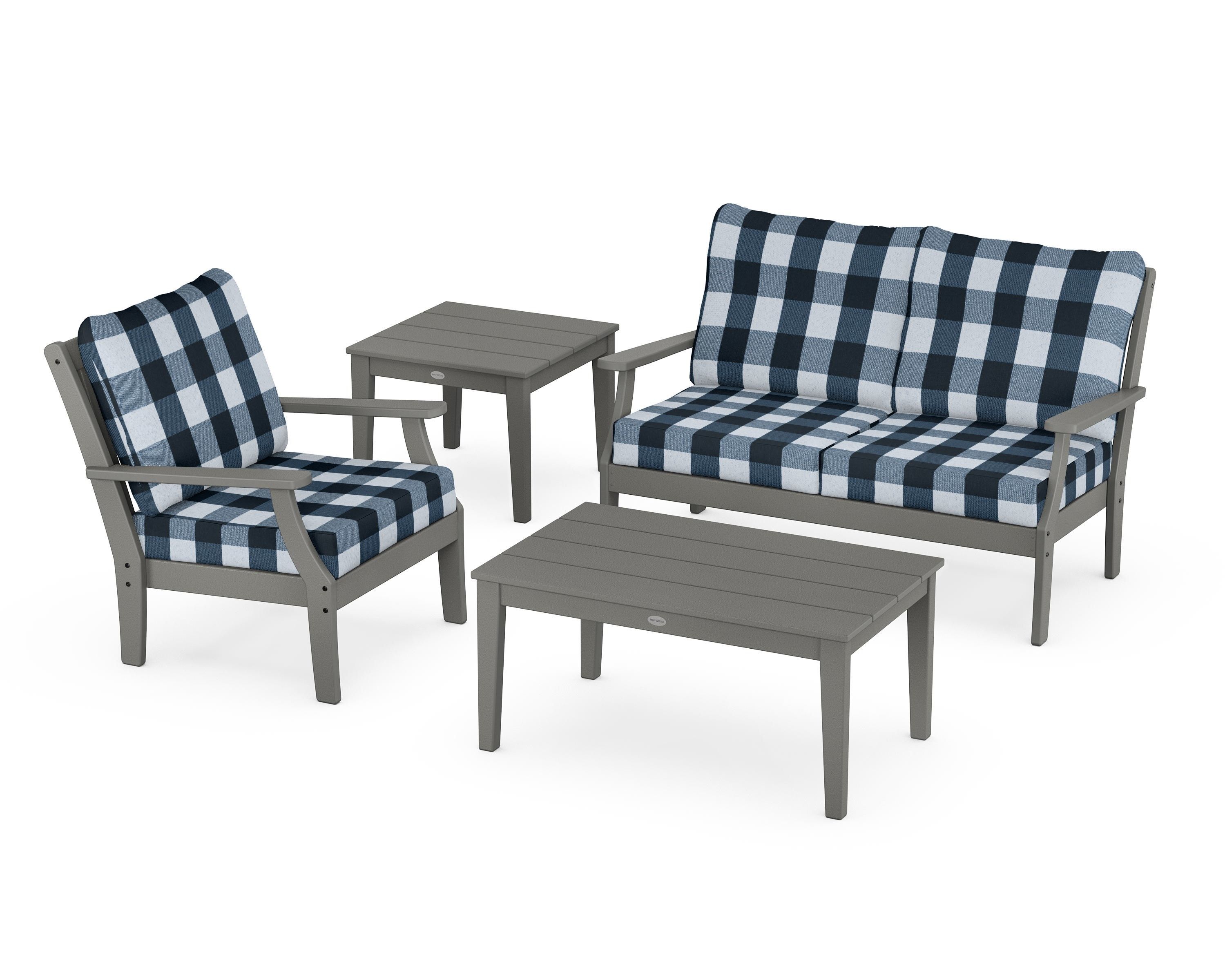 POLYWOOD® Braxton 4-Piece Deep Seating Set in Slate Grey / Buffalo Plaid Marine Indigo