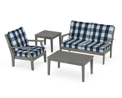 POLYWOOD® Braxton 4-Piece Deep Seating Set in Slate Grey / Buffalo Plaid Marine Indigo